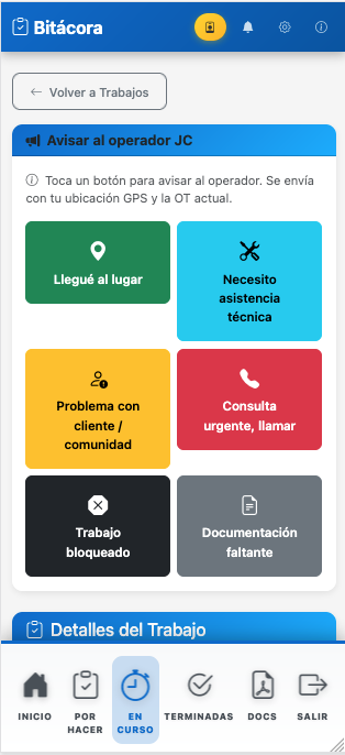 App móvil Peregrine GO con botonera de avisos al operador