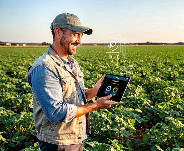 Agricultor revisando Fitotrak en su tablet en el campo